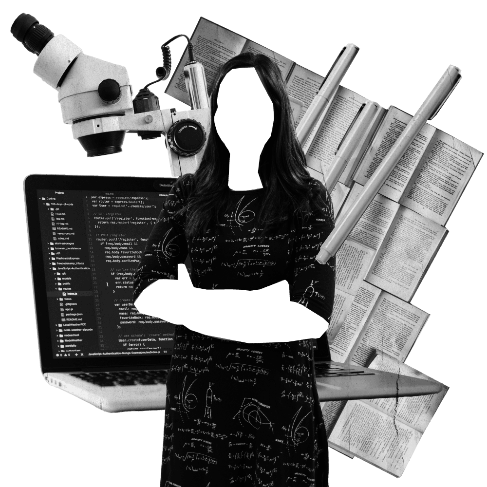 Vor einem Notebook, einem Mikroskop und mehreren Büchern steht eine Frau mit verschränkten Armen. Sie trägt ein Kleid, auf das mathematische Formeln gedruckt sind. Die Stellen, bei denen ihr Gesicht und Hals sowie ihre Arme sein müssten, sind durch weiße Flächen ersetzt.  